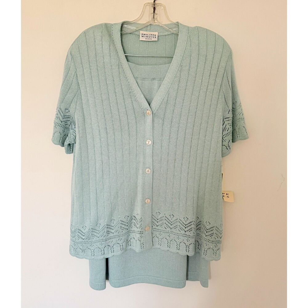 NWT Philippe Marques Petites Aqua Knit Cardigan Skirt Set Rhinestone Midi 12/14P